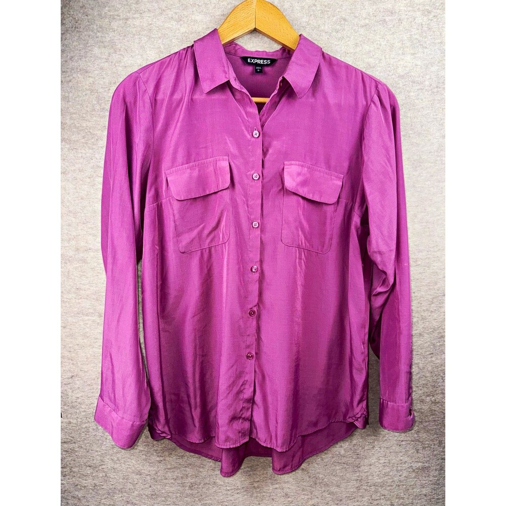 Express Women’s Size L Purple Satin Collared Long Sleeve Button-Up Pockets